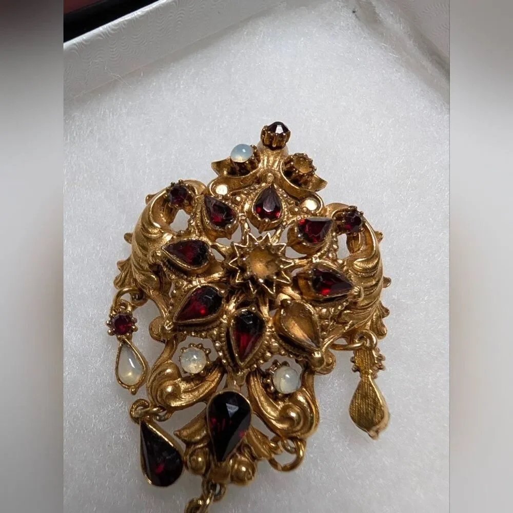 Vintage Signed FLORENZA Ornate Gold Tone Dangle Brooch Mid Century Regency